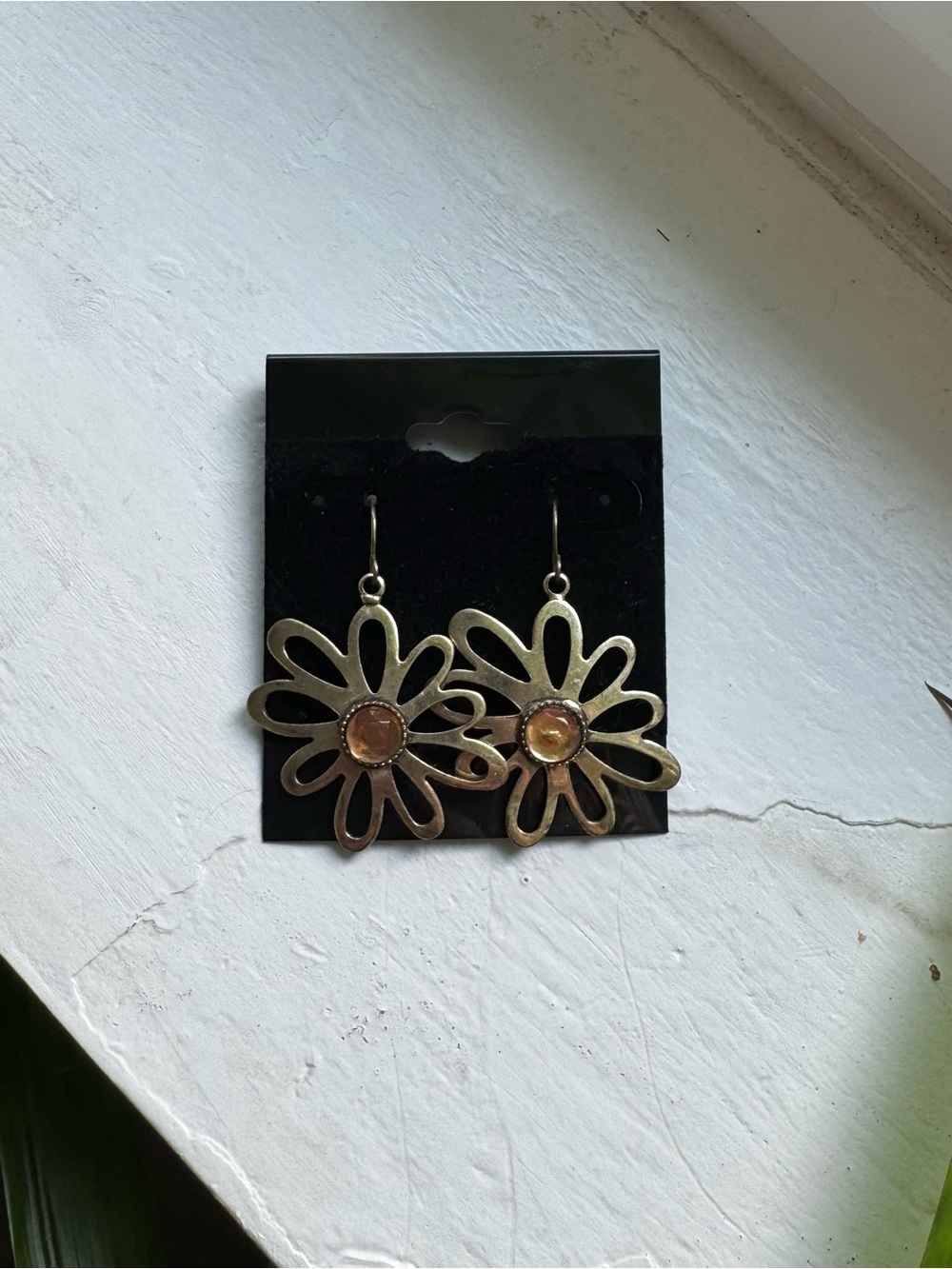 Gold Flower Drop Earrings with Amber Center - Women's Jewelry